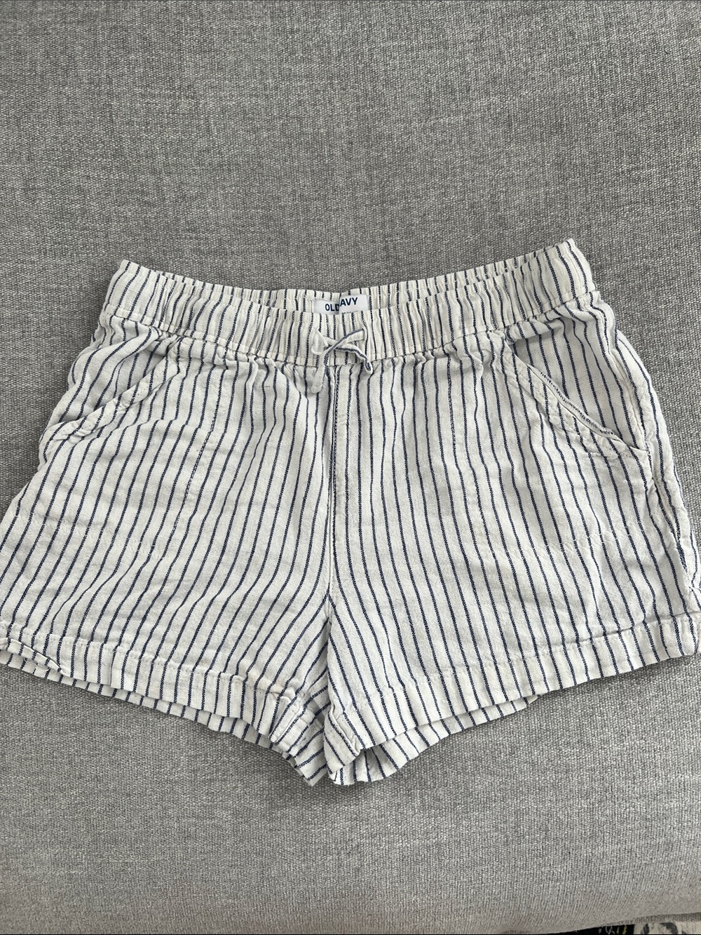 Linen White and Navy Striped High-Waist Shorts
